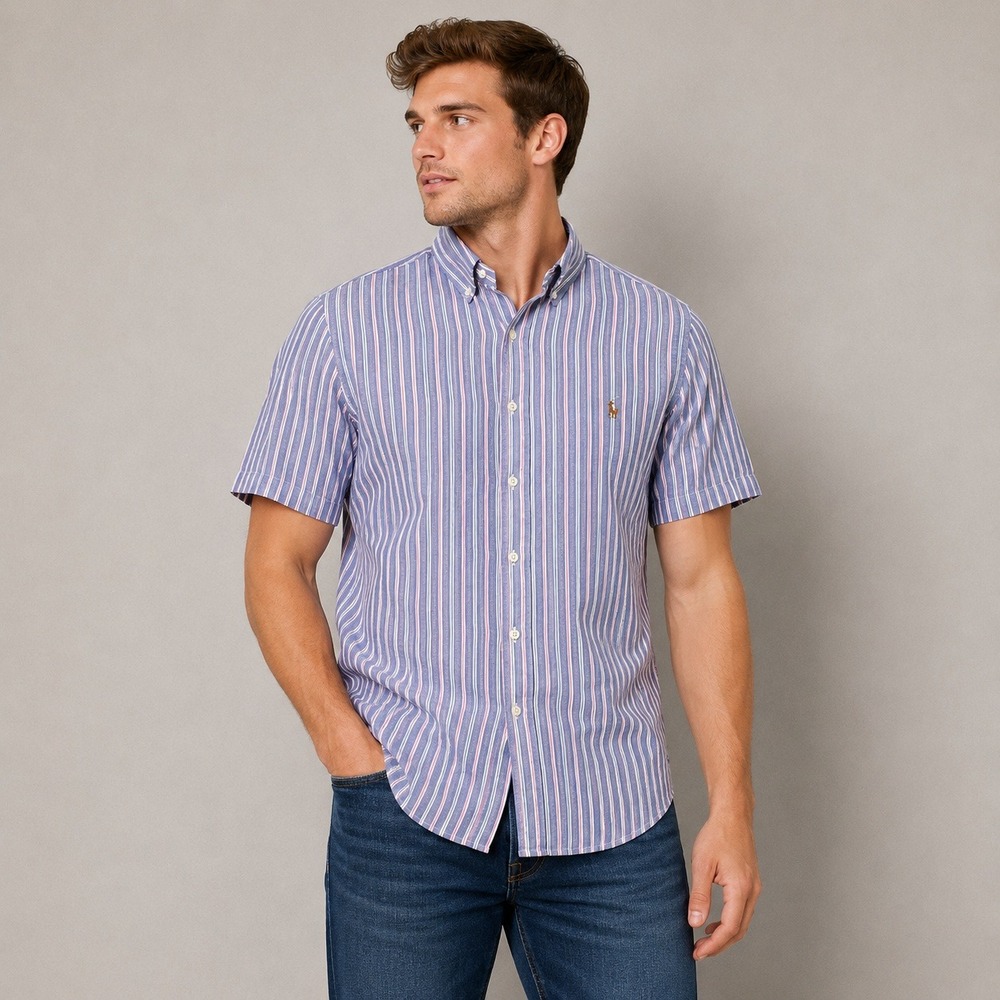 Polo Ralph Lauren Mens Classic Fit Short Sleeve Striped Oxford Shirt Blue Pink M